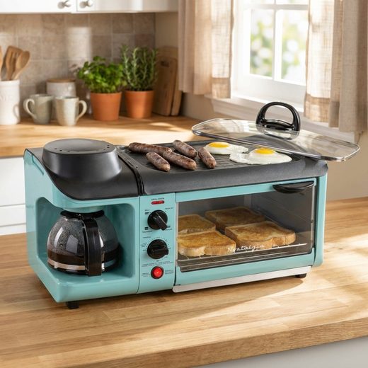 Mint green 3-in-1 breakfast station featuring a coffee maker, griddle, and toaster oven.