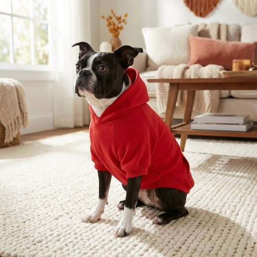 Dark dog wearing a vibrant red hoodie featuring a kangaroo pocket, sitting on a rug.