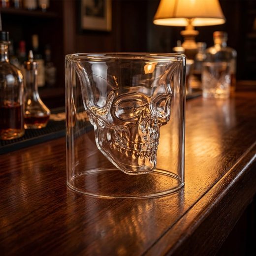 Clear double-walled shotglass with a suspended skull design resting on a dark wooden bar.