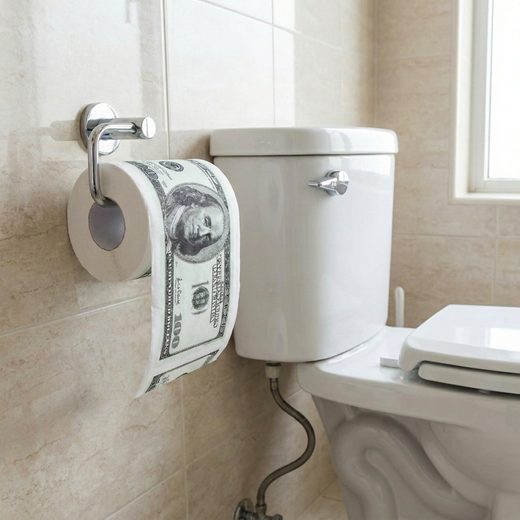 Toilet paper roll printed with a realistic hundred dollar bill design on a bathroom holder.