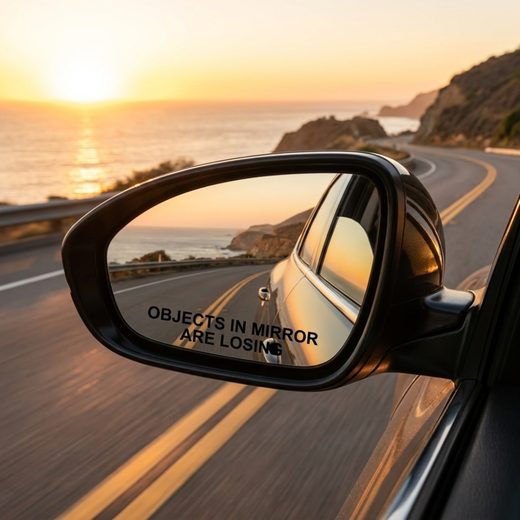 Sunset view reflected in a car mirror with a humorous Objects in Mirror are Losing decal