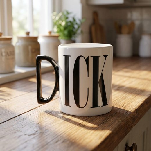 White ceramic mug displaying the bold black text ICK resting on a rustic wooden kitchen counter.