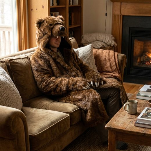 A person wearing a large brown faux fur bear costume coat while relaxing on a sofa.